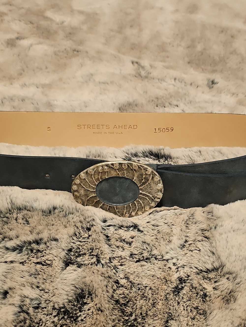Streets Ahead Black Leather Belt with Antique Gold Oval Buckle
